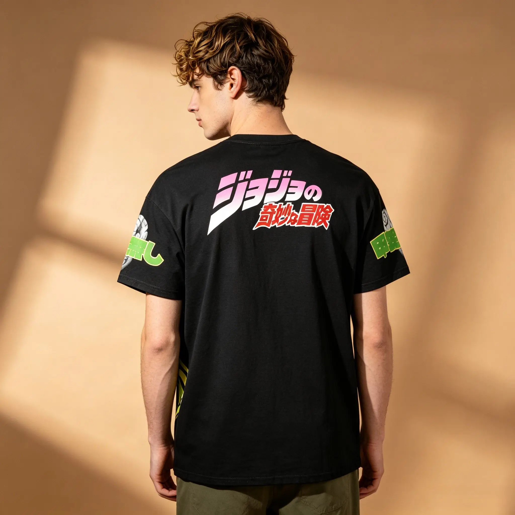 Men's JoJo's Bizarre Adventure Dio The World Anime Heart Frame Japanese Text Sleeve Print Crew Neck T-Shirt, Black Vintage Otaku