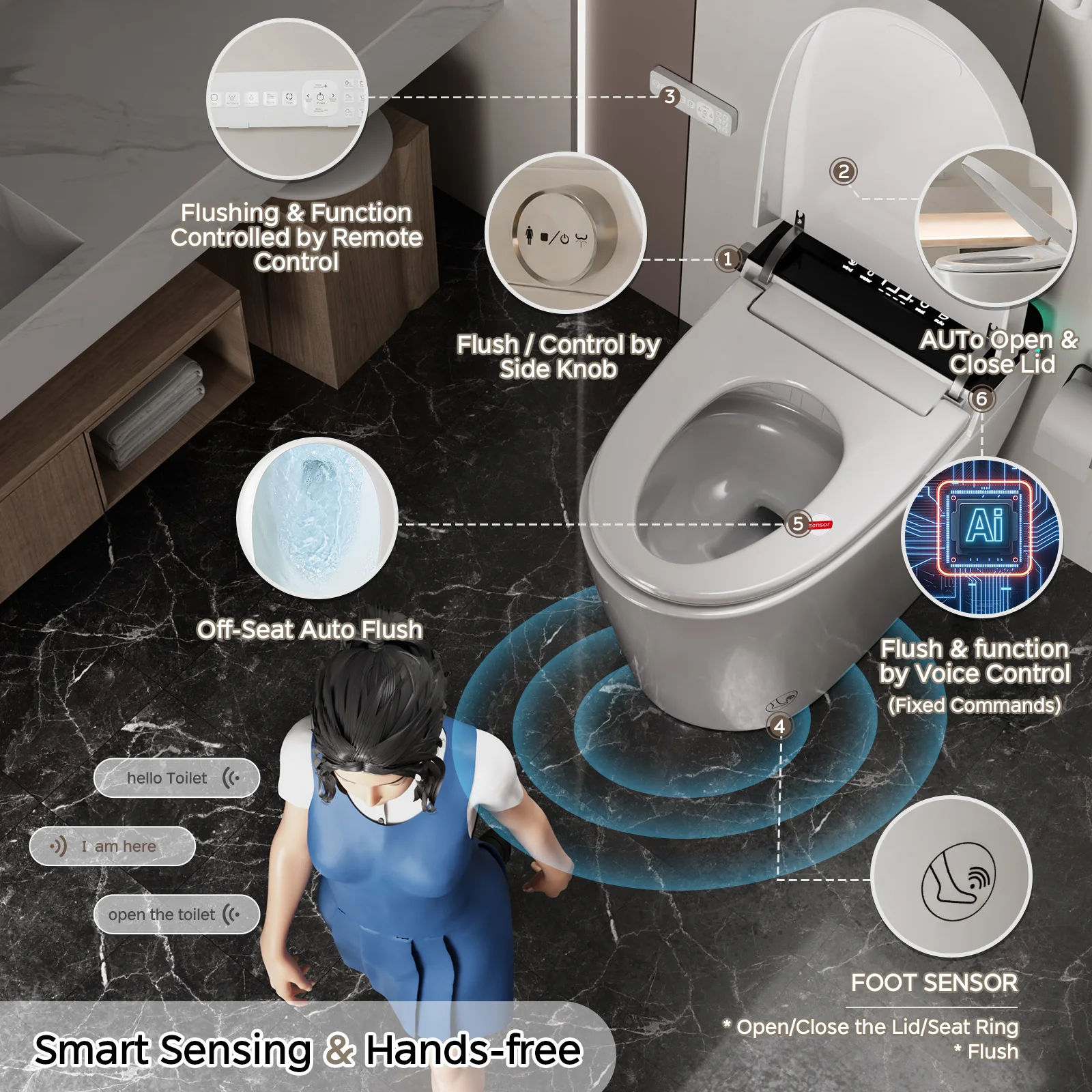 Smart Toilet with Built In Bidet, ADA Height, One-Piece Bidet Toilet with Voice Control, Foot Sensor, Dual AUTO Flush in 1.28GPF