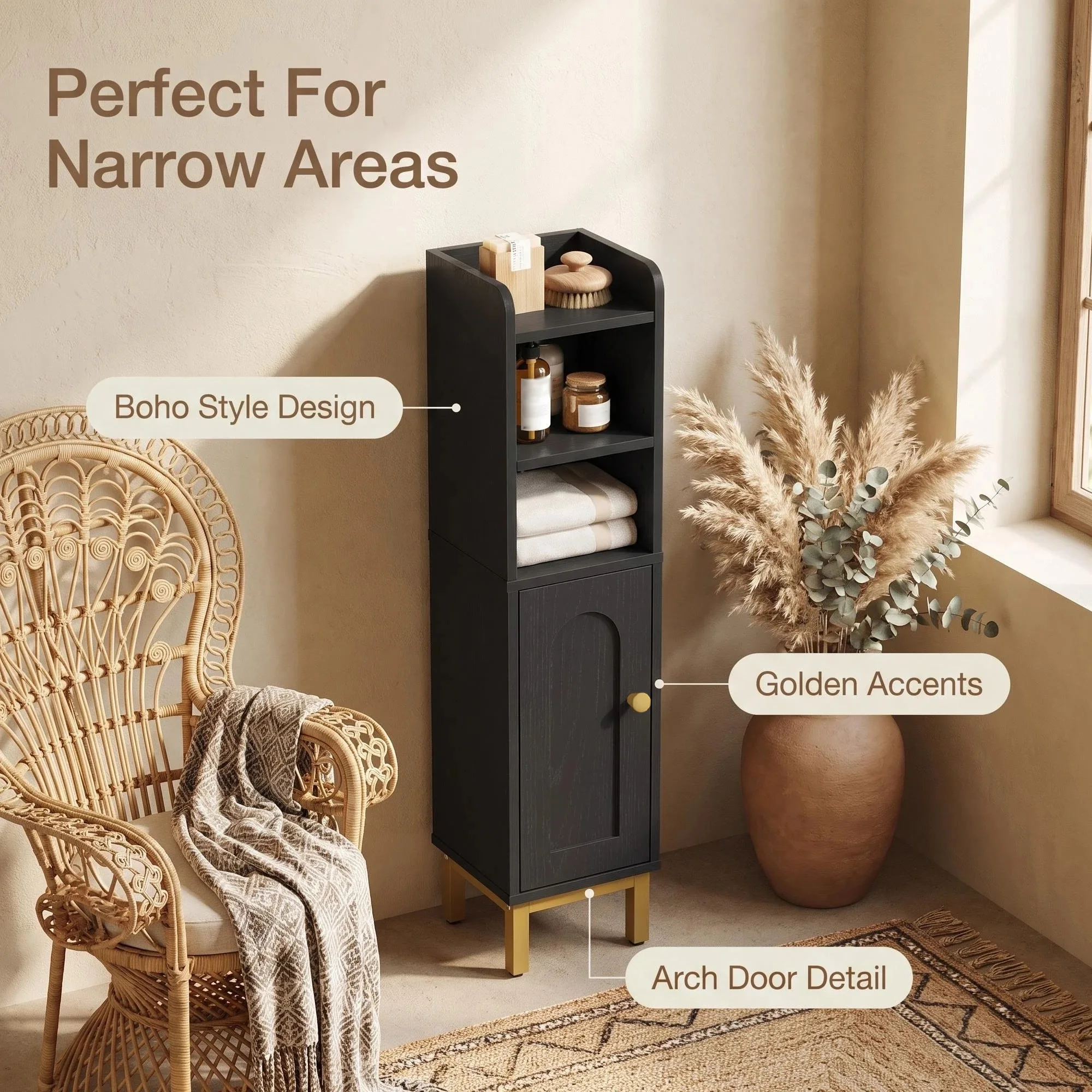 Mobiletto da bagno stretto con ripiani regolabili, mobiletto compatto salvaspazio, mobiletto per WC ideale per ambienti piccoli, facile da montare, dimensioni 20 × 20 × 83 cm, colore nero e oro.