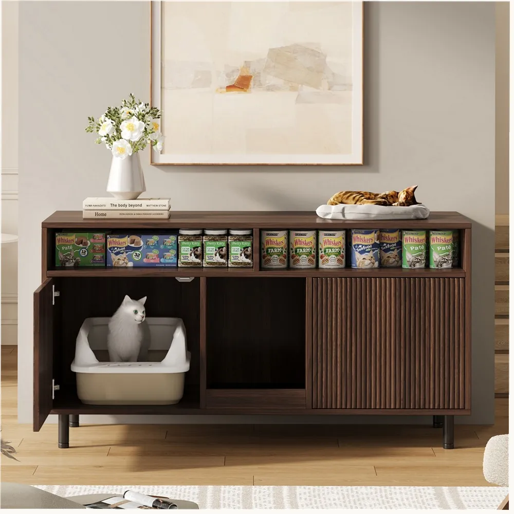 Kattenbak Kast Walnoot 120x50x66, Meubel voor Kattenbak met Dubbele Deur, Opbergplank en Kattenbakmat
