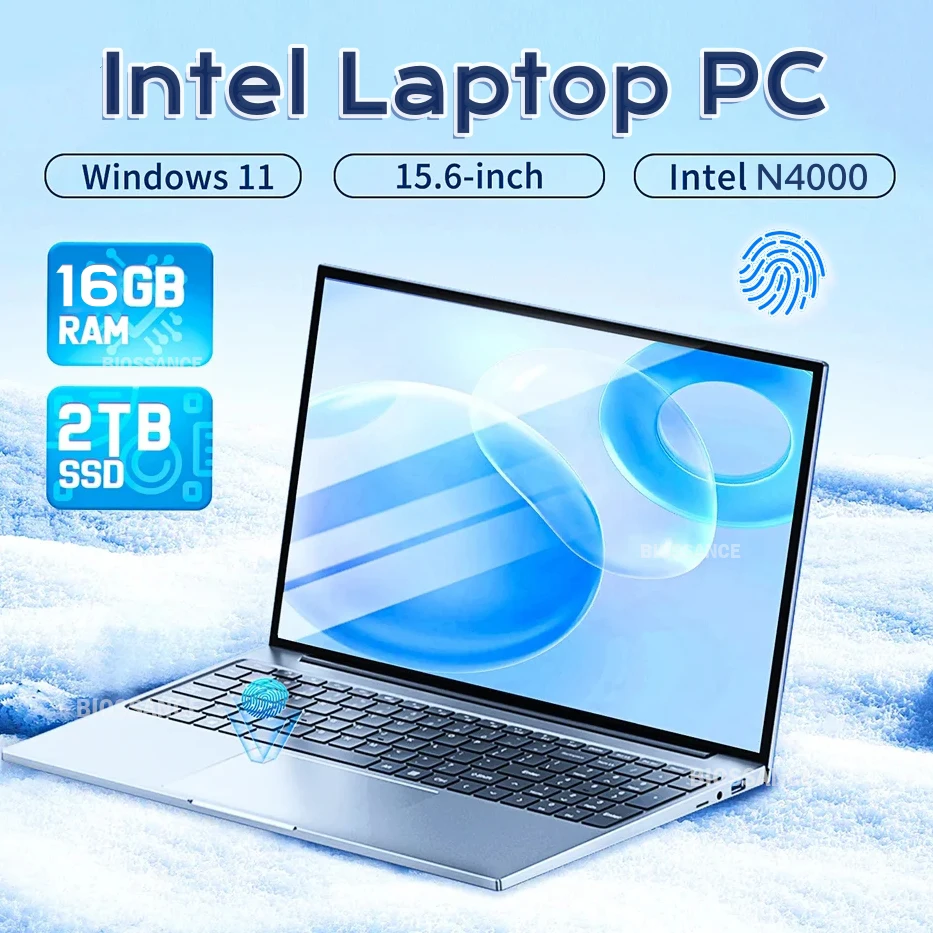 Ordinateur portable Windows 11, Intel Celeron N4000, 16 Go DDR4, 1 To, 2 To SSD, ordinateur portable de jeu d'étude de bureau, empreinte digitale, PC, 15.6 en effet