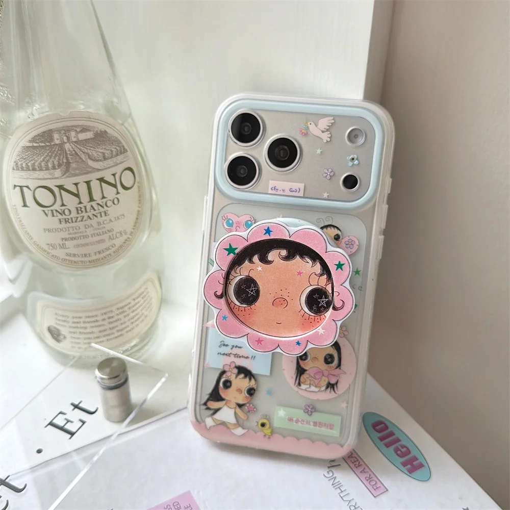 

Fashion Cartoon Girl Magnetic Phone Case for iPhone 17 Pro 15 16 17 15 Pro Max 16 Pro Cover With Magsafe 3D Flower Stand Cases