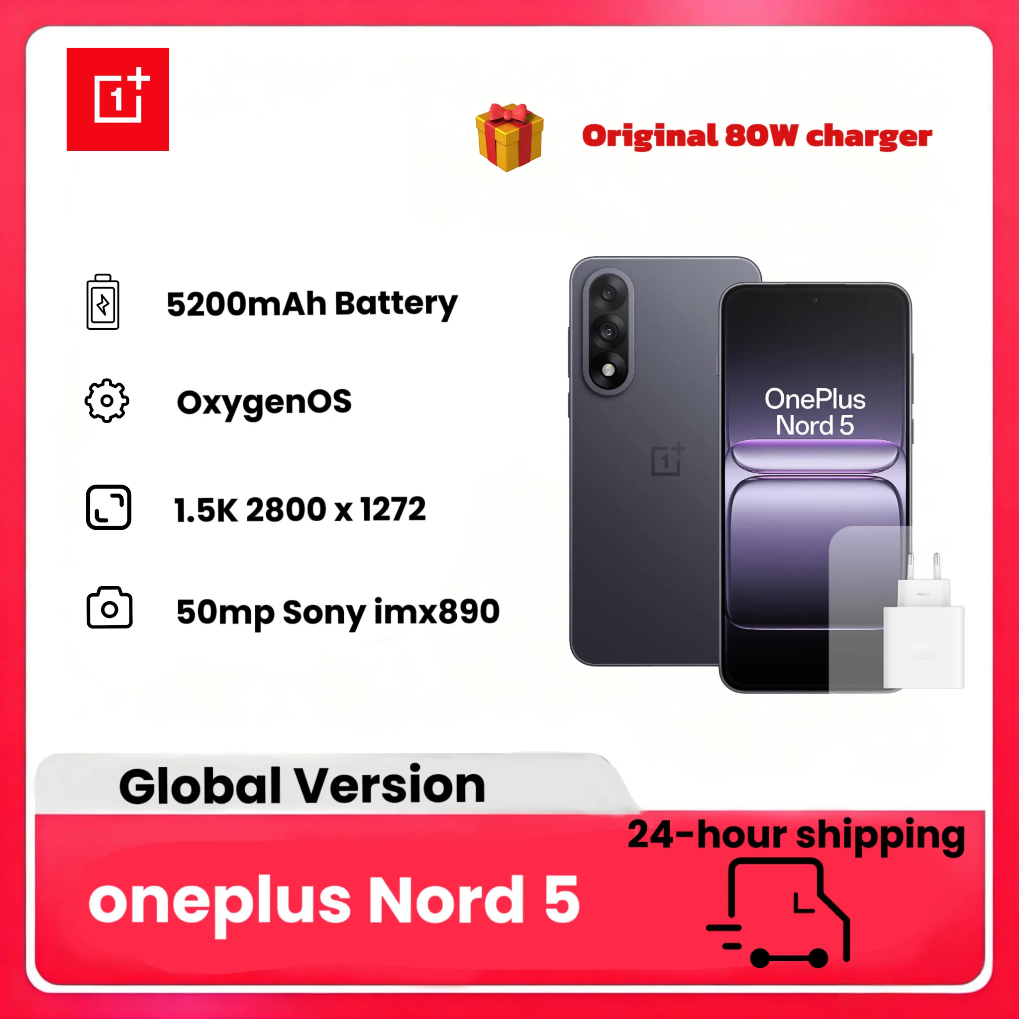 OnePlus Nord 5 Smartphone , 6.83 Inch AMOLED Display,  Snapdragon 8s Gen 3, Dual Camera 50 MP, 5200mAh Battery, with 80W Charger