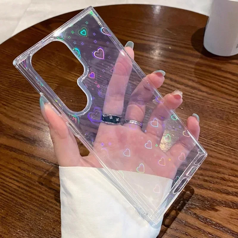 Coque de téléphone transparente en forme de cœur Laser, étui anti-chute pour Samsung Galaxy S25 S24 S23 S22 S21 Plus Ultra S24 FE S23 FE S21 FE