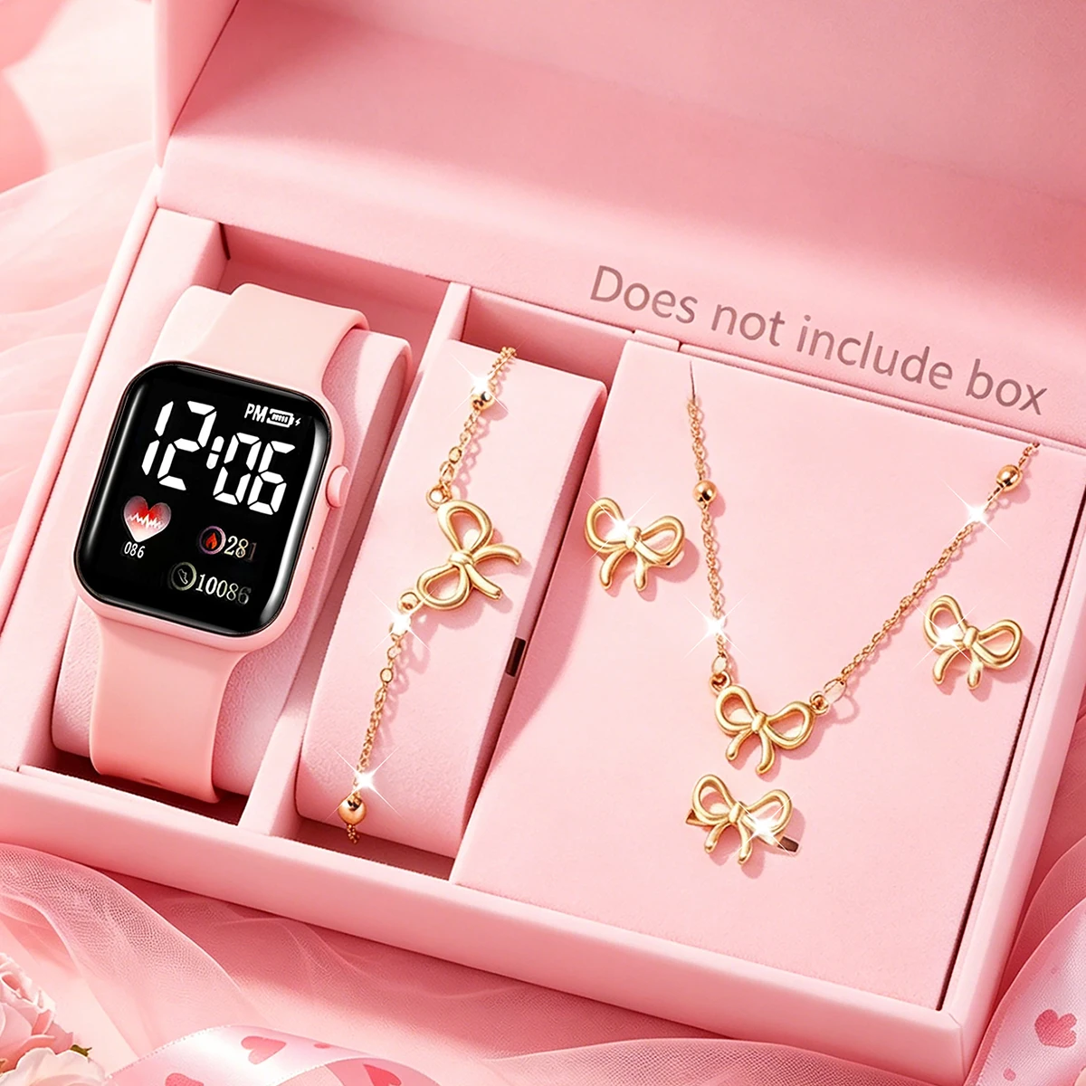 6-Piece Set, Cute and Charming Pink Silicone Strap Led Electronic Watch with Bow Earrings, Necklace, Ring, and Bracelet Set, Fashionable for Everyday Wear, a Great Gift for Halloween, Christmas, New Year, and Other Holidays.