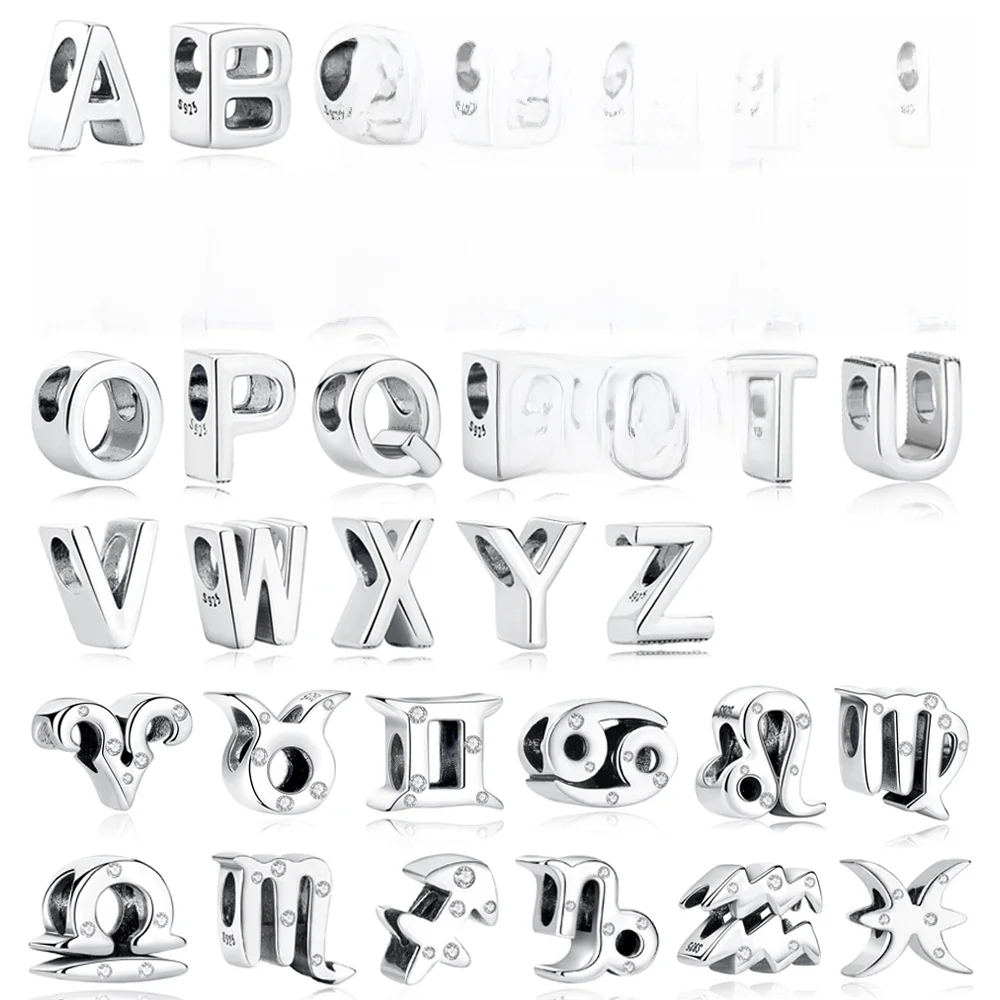 Original 925 Sterling Silber Charms Perlen 12 Tierkreis A-Z Buchstaben Virgo Aries passen Pan Marke Armbänder Halsketten Schmuck für Frauen