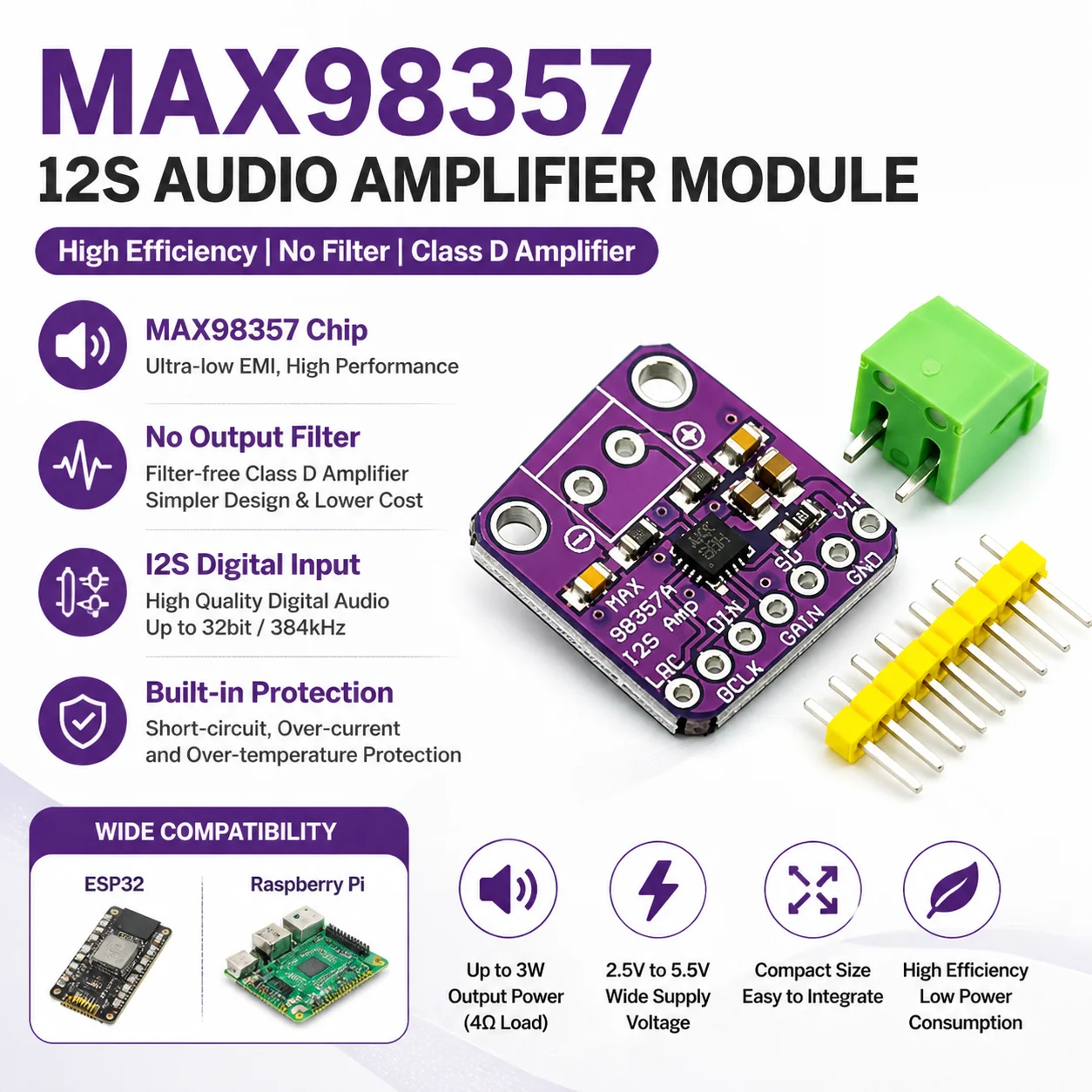 Módulo amplificador de audio MAX98357 I2S, clase D, sin filtro, salida de 3W, compatible con ESP32 y Raspberry Pi, alta eficiencia, Compa