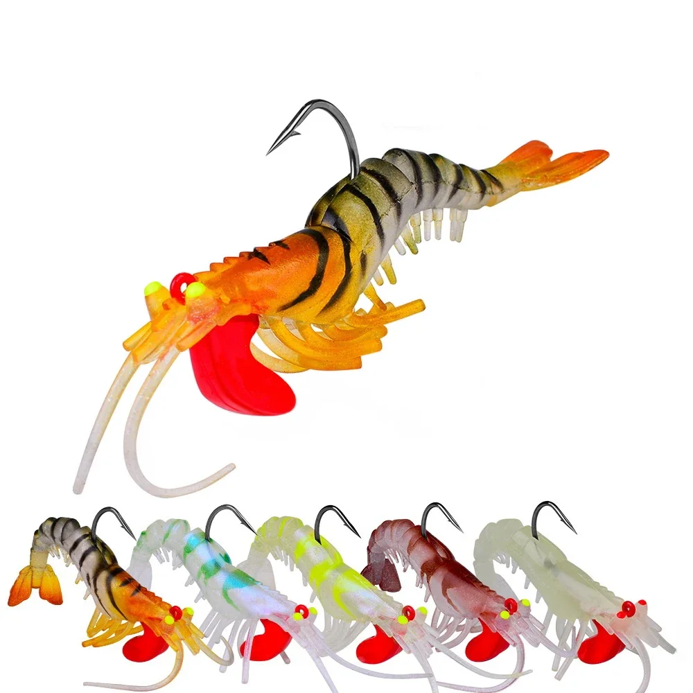 1 pièces yeux lumineux Silicone crevettes appâts 6g 13g 19g bionique doux crevette leurres métal gabarit tête coulant Swimbait Wobbler gabarits crochet