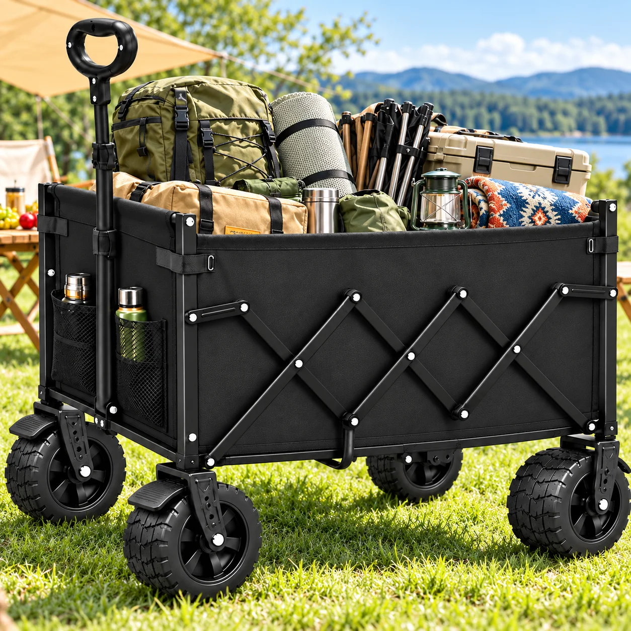 739/600/375LBS Heavy Duty Folding Wagon Cart, Large Capacity Collapsible Utility Wagon with Reinforced Steel Frame, Durable Oxford Fabric, Adjustable Handle, Extra Wide All-Terrain Wheels & Side Storage Pockets for Camping, Shopping, Garden, Beach & Outdo - view 5