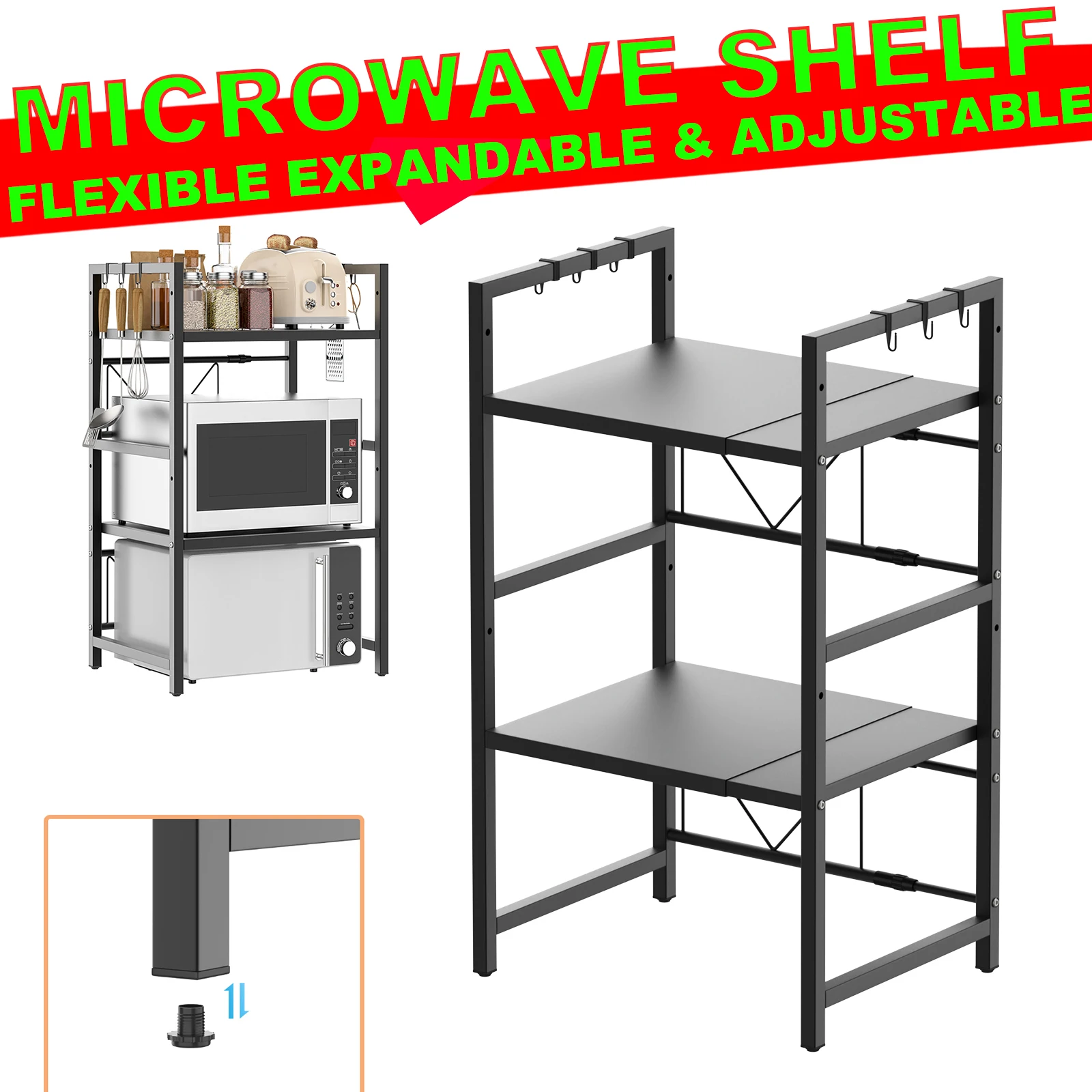 Scaffale espandibile a 2 o 3 livelli per forno a microonde, con larghezza e altezza regolabili, ideale come organizer da cucina, robusto scaffale in metallo per riporre piccoli elettrodomestici,