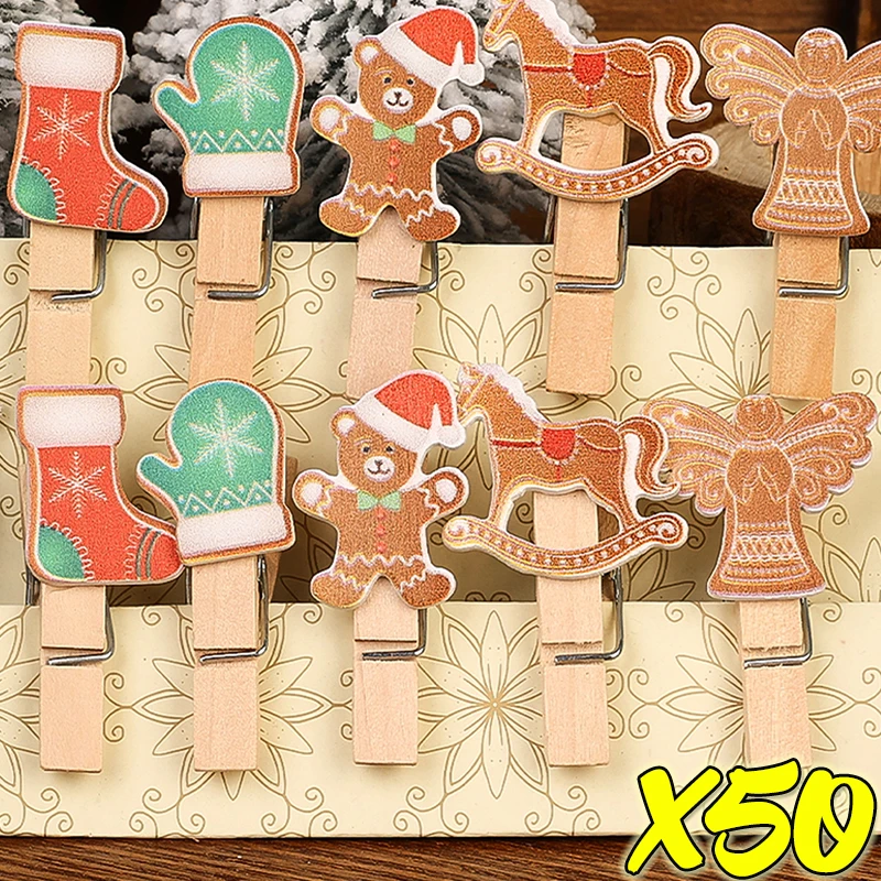 10/50PCS Wooden Photo Clip Cartoon Christmas Hanging Decoration Peg DIY Memo Paper Art Card Clothespin Clip Wedding Party Supply