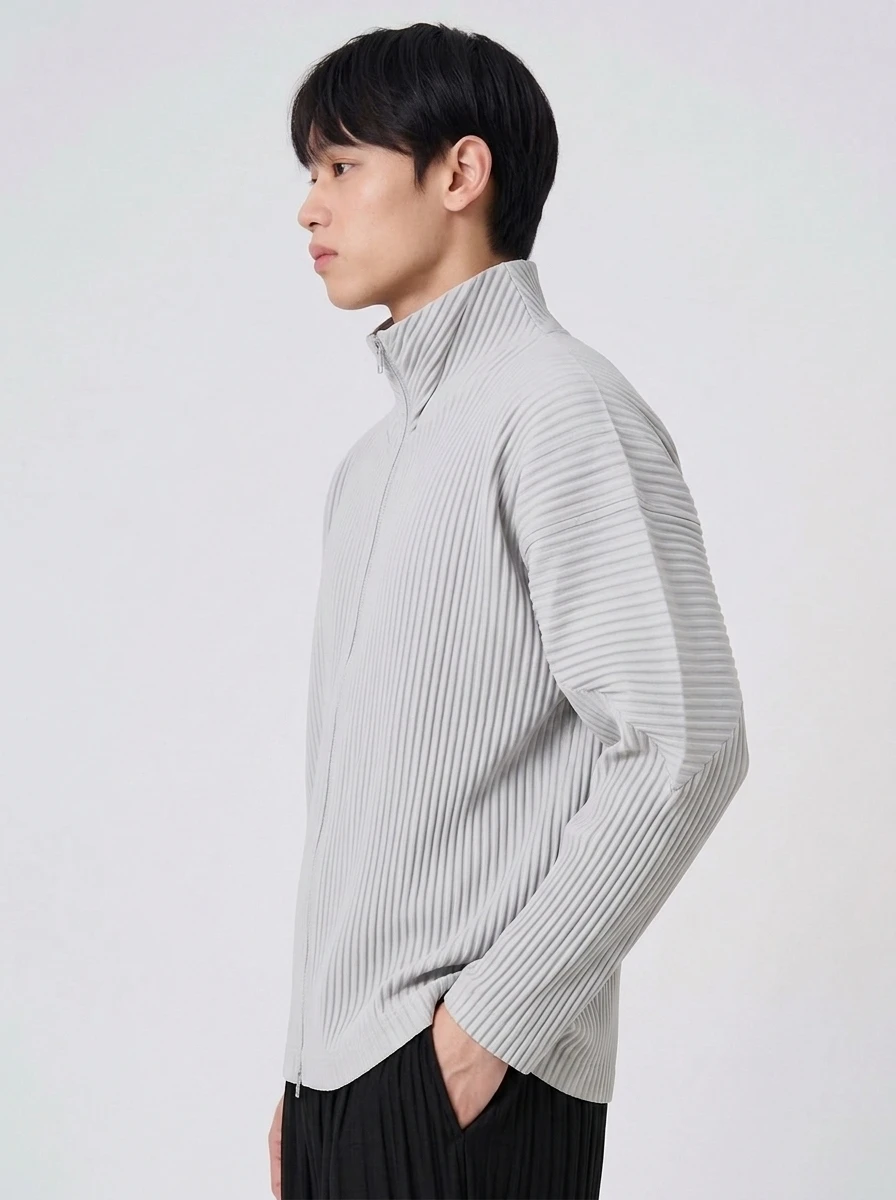 Miyake Pleated Stand Collar Jacket Men Double Zipper Long Sleeve Loose Casual Outerwear with Side Pockets