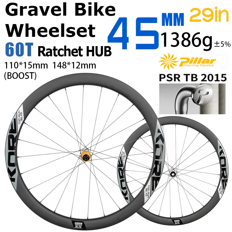 AliExpress KORE 29” Wheels 45mm Rim Carbon Wheelset 60T Ratchet Hub,110x15/148x12 BOOST 24H Pillar Spokes,Gravel/Road Bike,Bike Accessorie