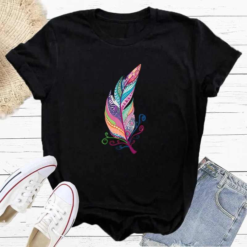 Colorful Hollow Feathers Fashion Sports Women's T-Shirt Harajuku Graphic Clothing Women's Top,Drop Ship