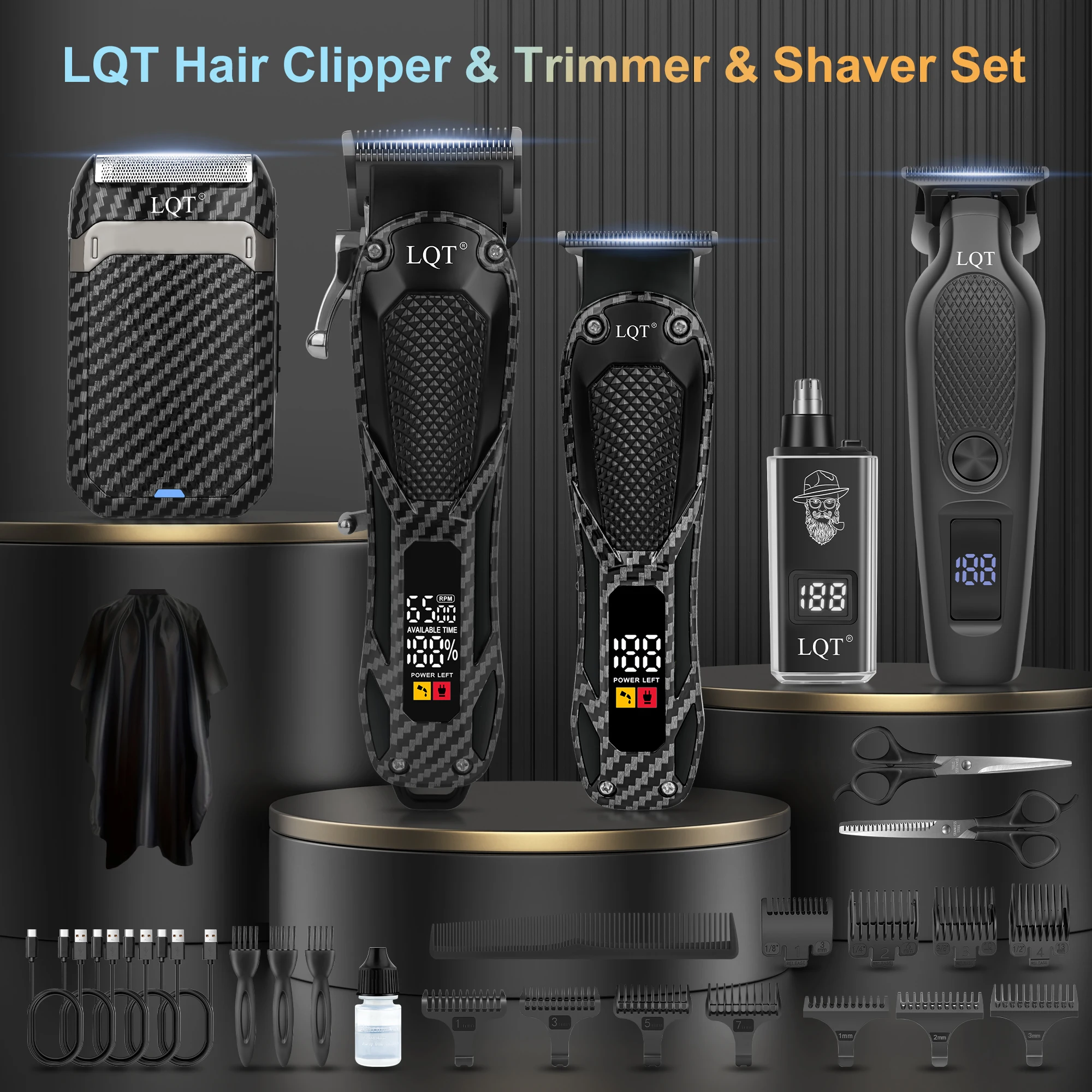 LQT Carbon Fiber Professional Barber Grooming 4Pcs Kit LCD Hair Clipper Trimmer Shaver USB‑C Rechargeable Salon Haircut Tool Set