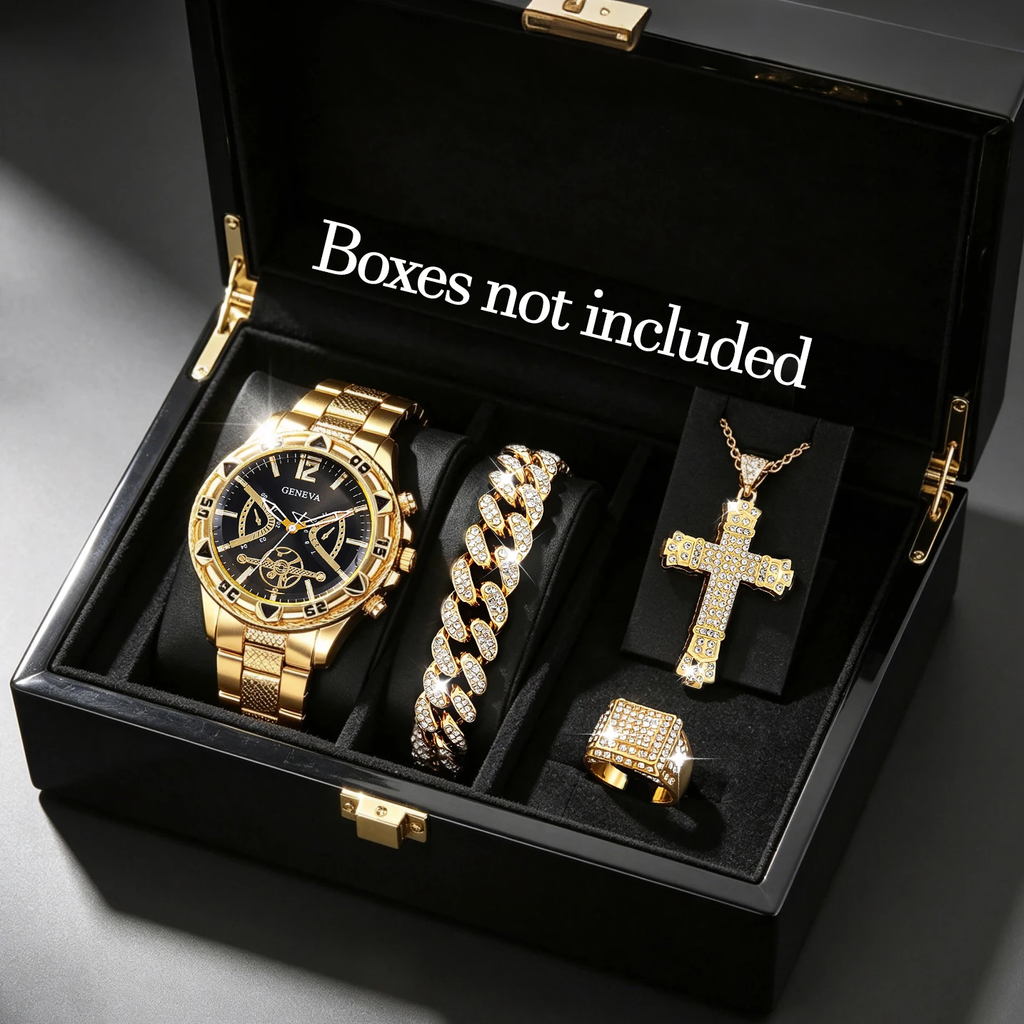4-piece luxury men's watch set paired with a simple and trendy accessory set, casual watch made of stainless steel. The perfect gift for Father's Day, Halloween, Christmas, birthdays, Ramadan, anniversaries, and everyday wear