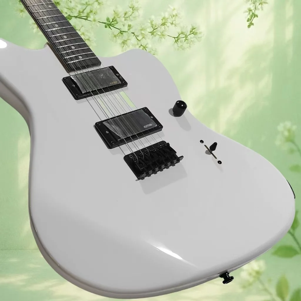 

Factory-made six-string electric guitar, with a bright white body and black hardware,excellent quality