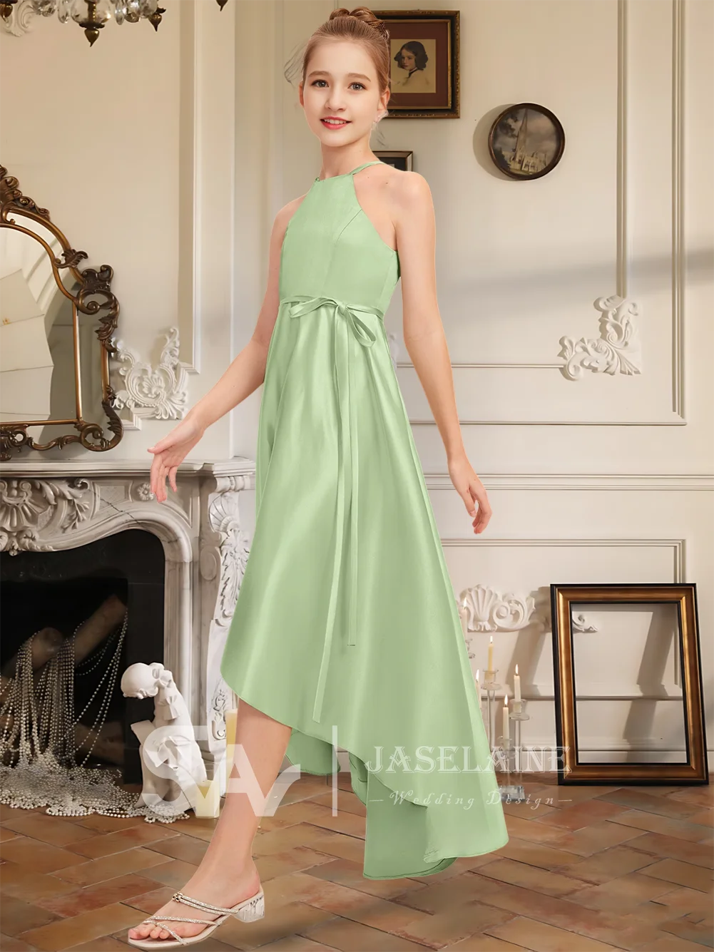 A Line Halter Asymmetrical Satin Junior Bridesmaid Dress Sleeveless With Belt Sash Pockets Flower Girl Dress Wedding Formal