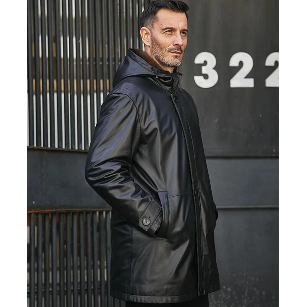 Denny&Dora Men’s Leather Jacket – Black Mid-Length Cowhide Coat with Mink Fur Lining