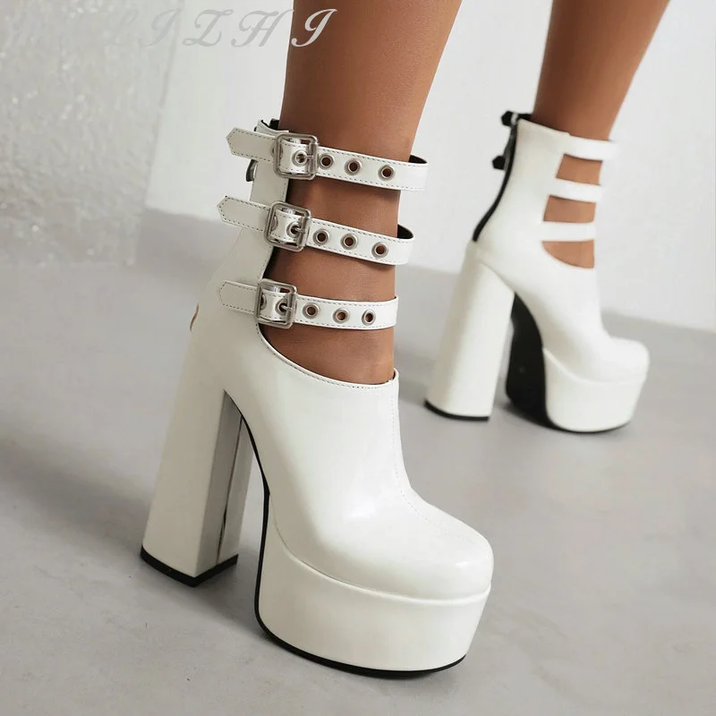 

Patent Leather Hollow Belt Buckle Design Fashion Women Boots Round Toe Thick High Heel Zipper Platform Ankle Boots Martin Boots