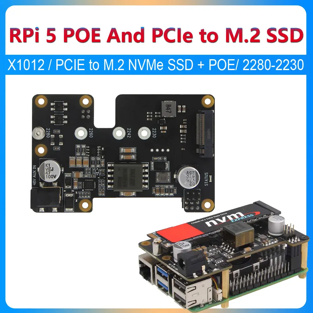 Raspberry Pi 5 PCIe to M.2 NVMe SSD and POE Expansion Board Pi5 Power over Ethernet 2280/2260/2242/2230 X1012 Optional with Case