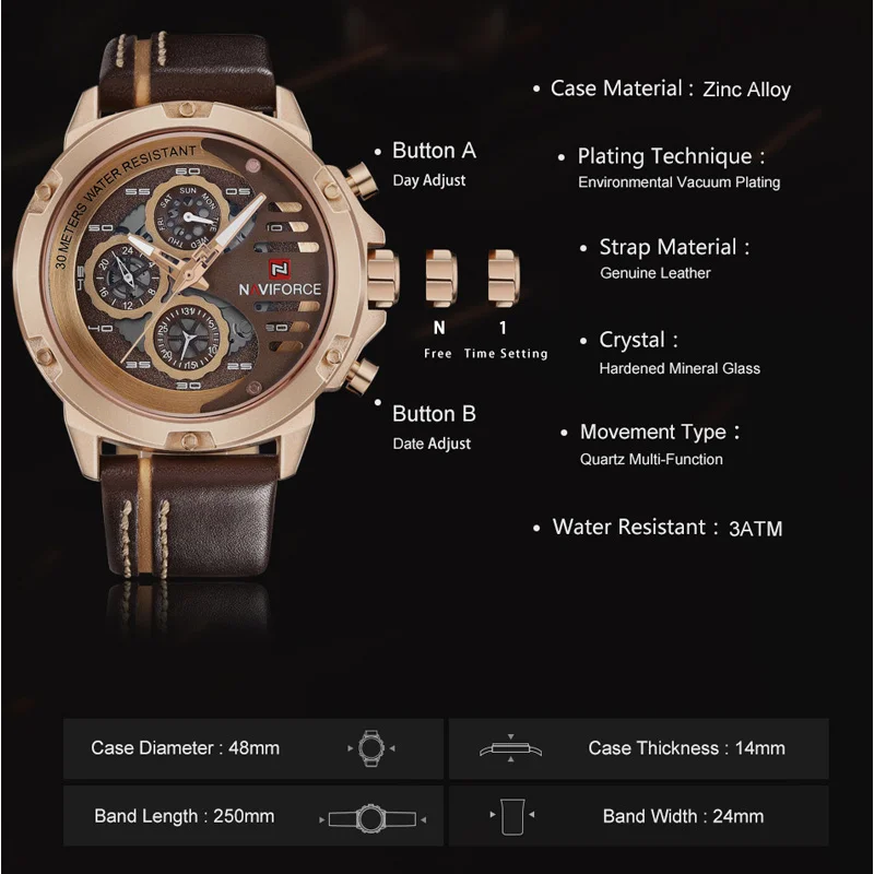Naviforce-男性用多機能時計,防水,日付と日付の表示,クォーツ,カジュアル腕時計,男性用時計,スポーツ,3atm,nf9110