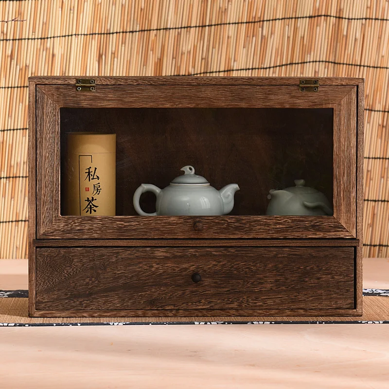 Solid wood dustproof glass teacup holder teapot display box teaware pet organizer tea display cabinet