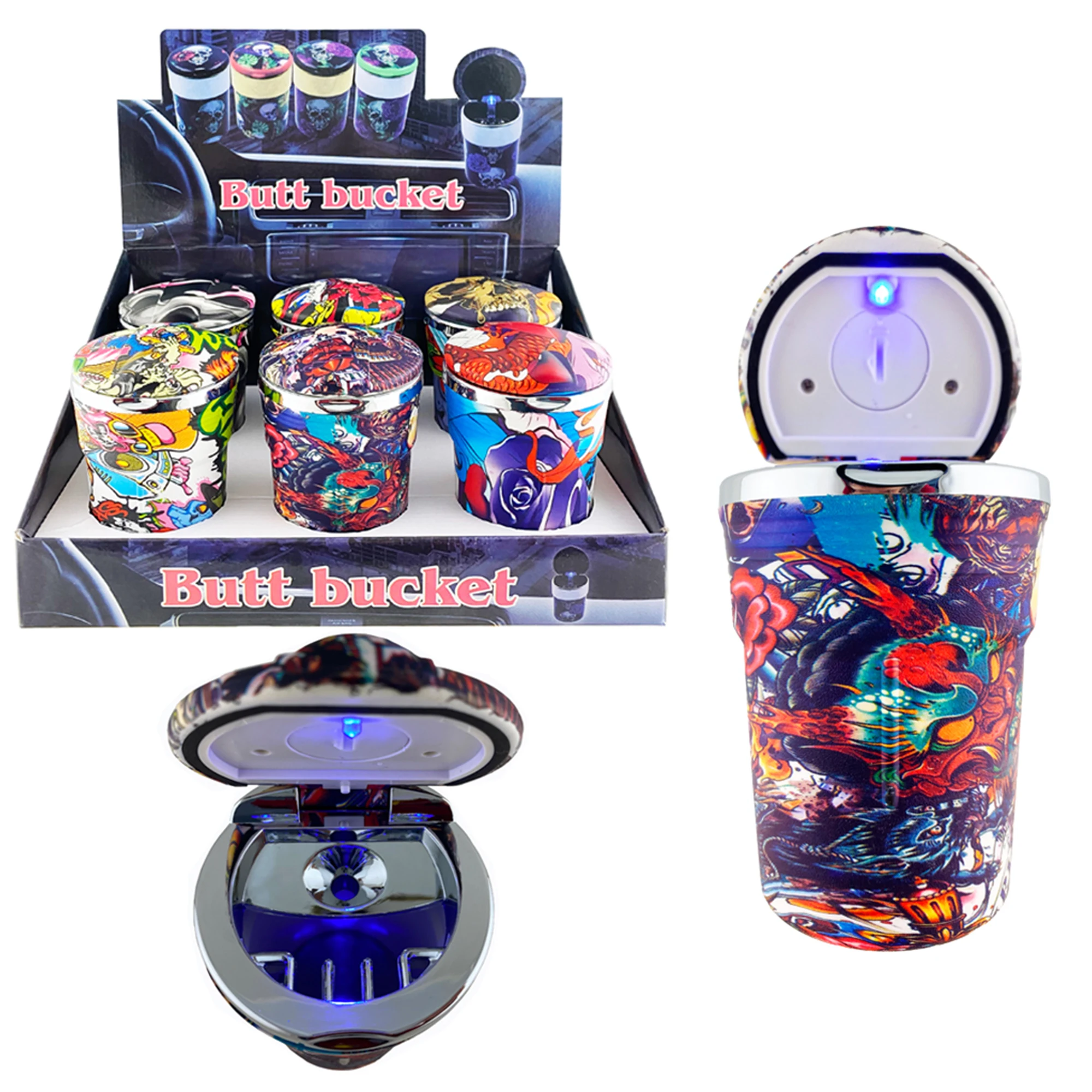 

Portable Car Travel Cigarette Cylinder Candy Ashtray Holder Cup LED Light Colorful Abstract Art LED Ashtray with Blue Illuminate