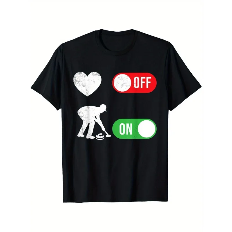 

Curling sports funny ON and OFF art T-Shirt Men'S Trendy Letter Print Regular Fit T-Shirt PureCotton Round Neck Casual Funny Art