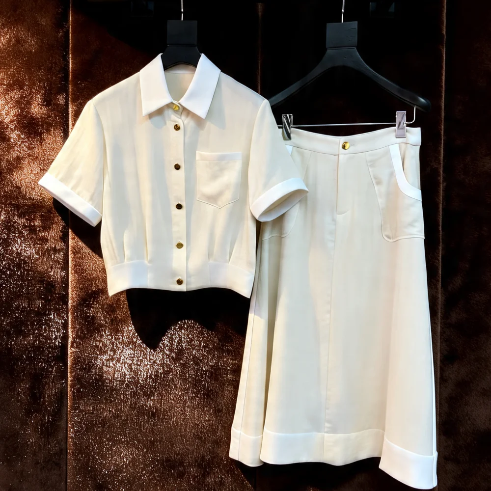 

2026 Summer New Women's Two Piece Set Elegant White Short Sleeve Shirt High Waist A-line Skirt Casual Office 014