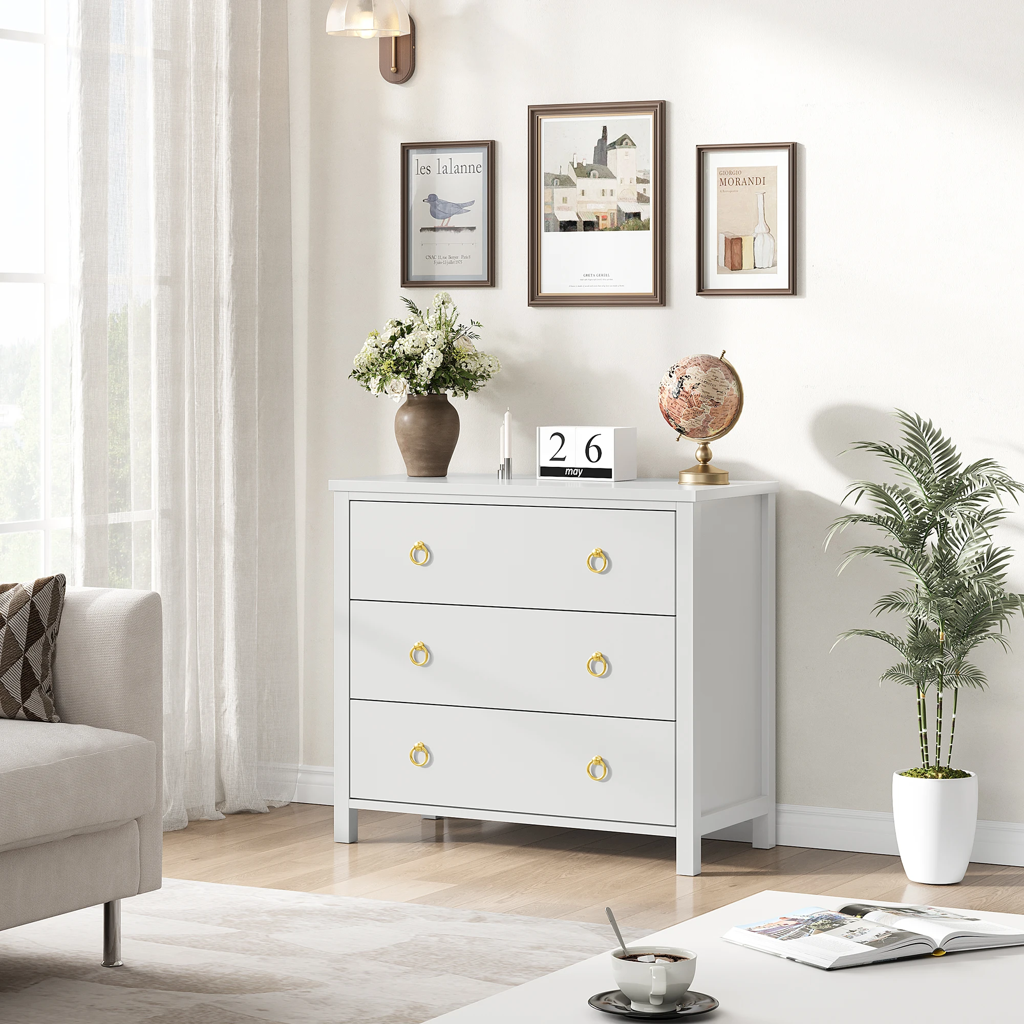 Commode 3 tiroirs poignées anneaux blancs en panneaux de particules 80x40x74cm pour chambre et salon