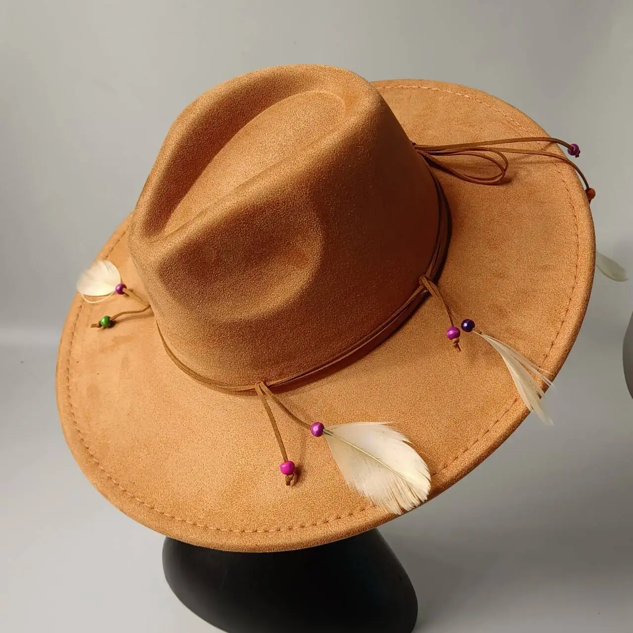 

Bohemian style suede hat, brim 9.5 cm fedora with feather accessories, classic church hat, wide brim hat, women's hat