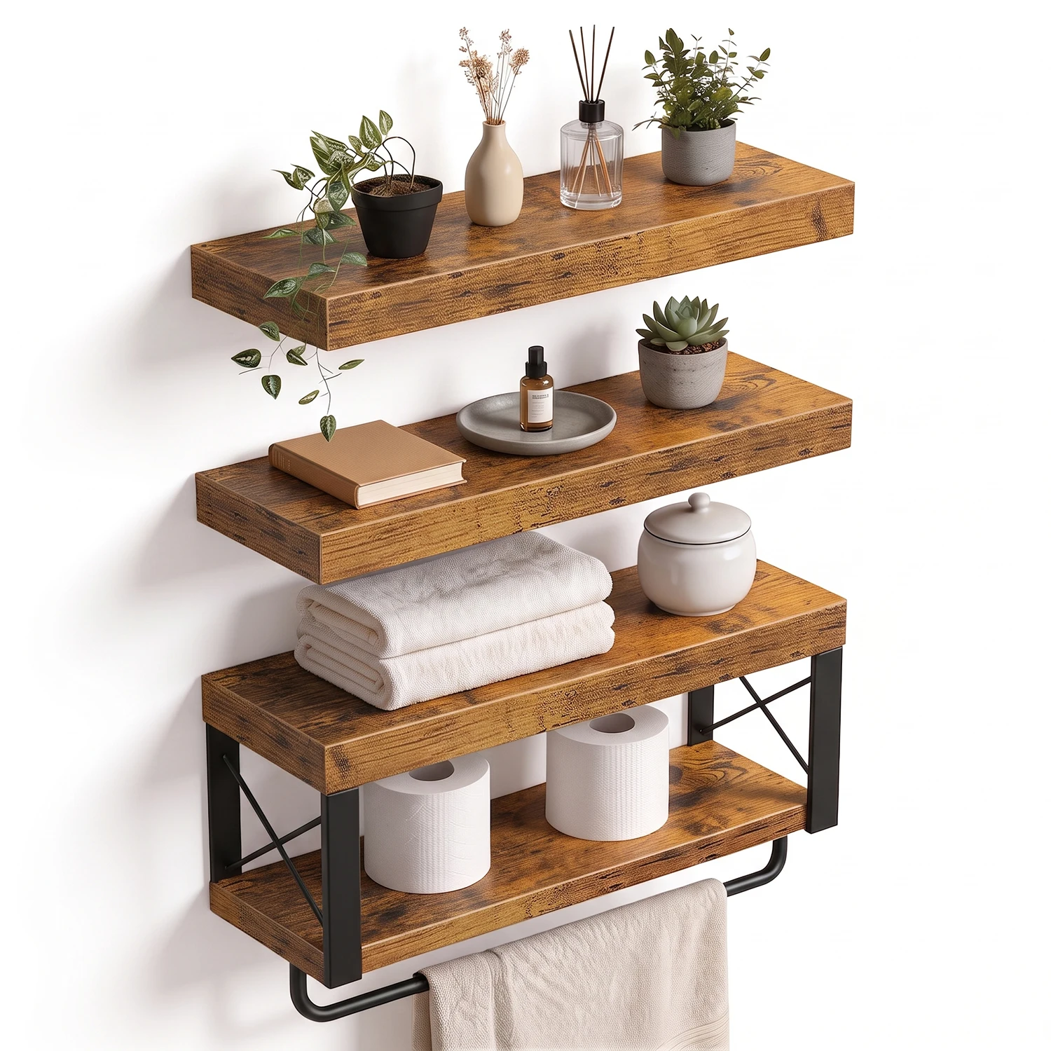 Wandregal mit Handtuchhalter – 39,9×15 cm, 2 Ablagen aus Holz, Metallgestell mit X-Verstärkung, belastbar bis 11,3 kg – platzsparende Wandmontage, retro-industrieller Stil, für Bad, Küche & Flur
