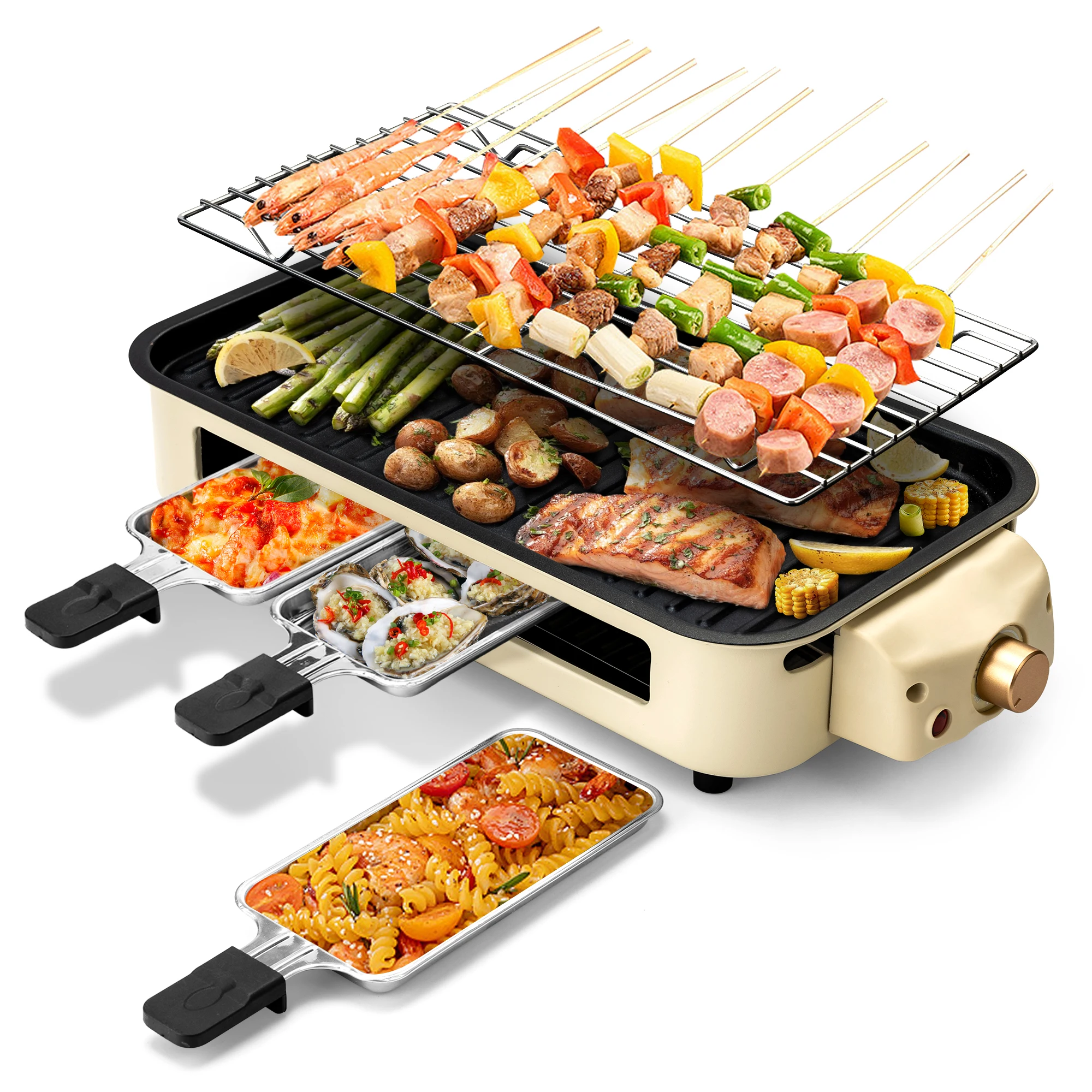 Suslas 1500W Electric Indoor Grill 2 in 1 Electric BBQ Gill with Grill Net Removable Plate Temperature Control 3 Small Trays