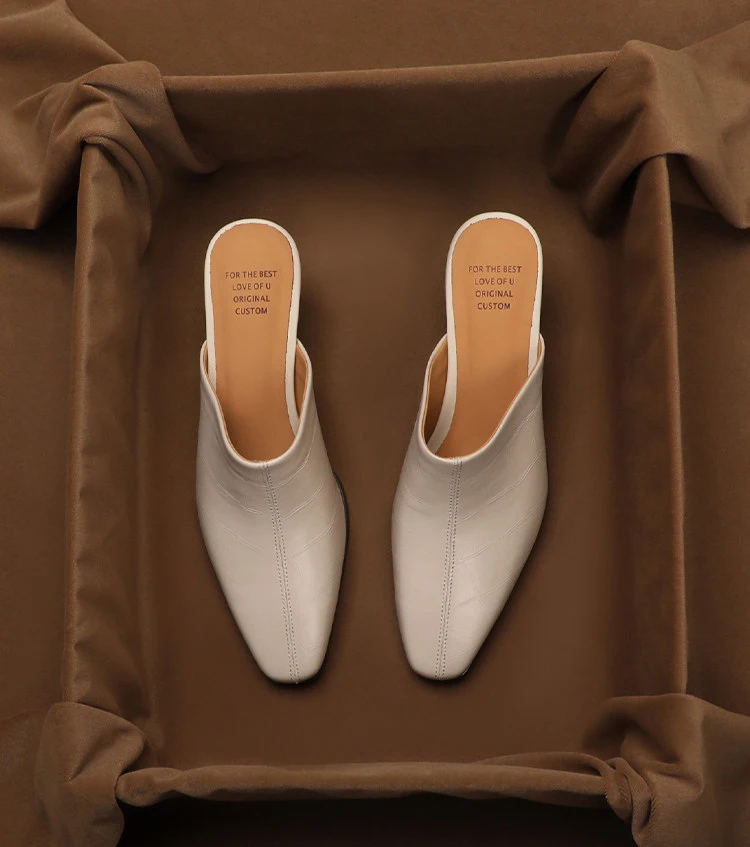 SHOEBOX French Versatile Baotou Half Slippers for Women's Outerwear Summer New Fashion Leather Middle Heel Muller Shoes