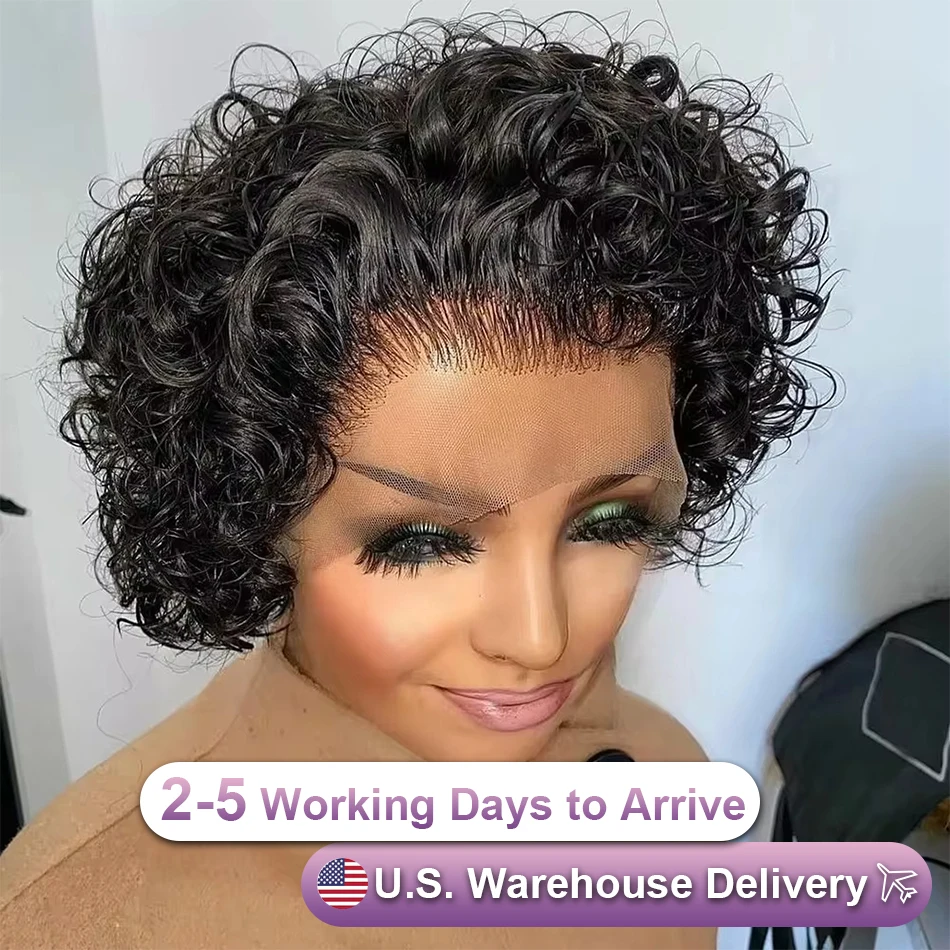 13x4 Pixie Cut Short Curly Human Hair Wigs Cheap 13x1 Transparent Lace Wigs Deep Curly For Black Women Natural Color Pre Plucked