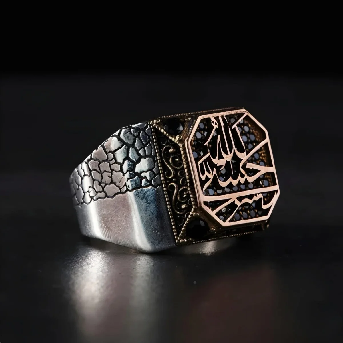 Handcrafted Silver Men's Ring with Black Zircon Stones and Customizable Arabic Script - Islamic Jewelry