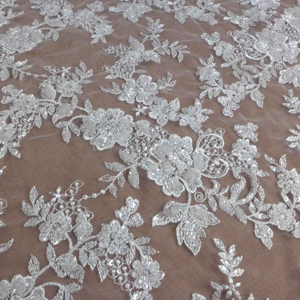 HelluyerDC White heavy beading lace fabric,flwoers leaves partterns for wedding,evening,dance gown can be cut to many pieces