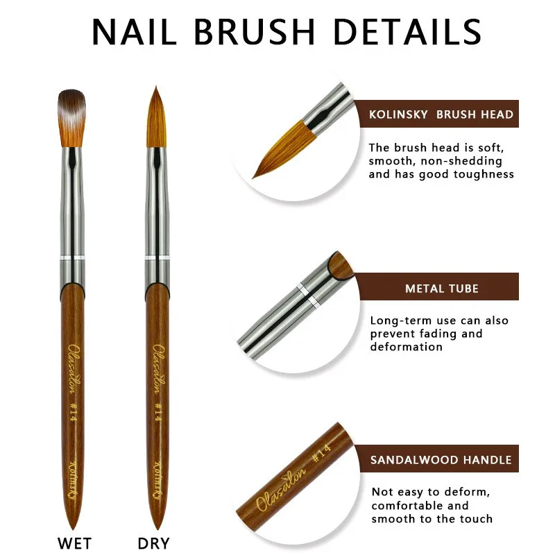 Pennello per unghie acrilico Kolinsky, manico in legno di sandalo Pennello per unghie di alta qualità Pennello per manicure Dimensioni dello strumento # 8-14