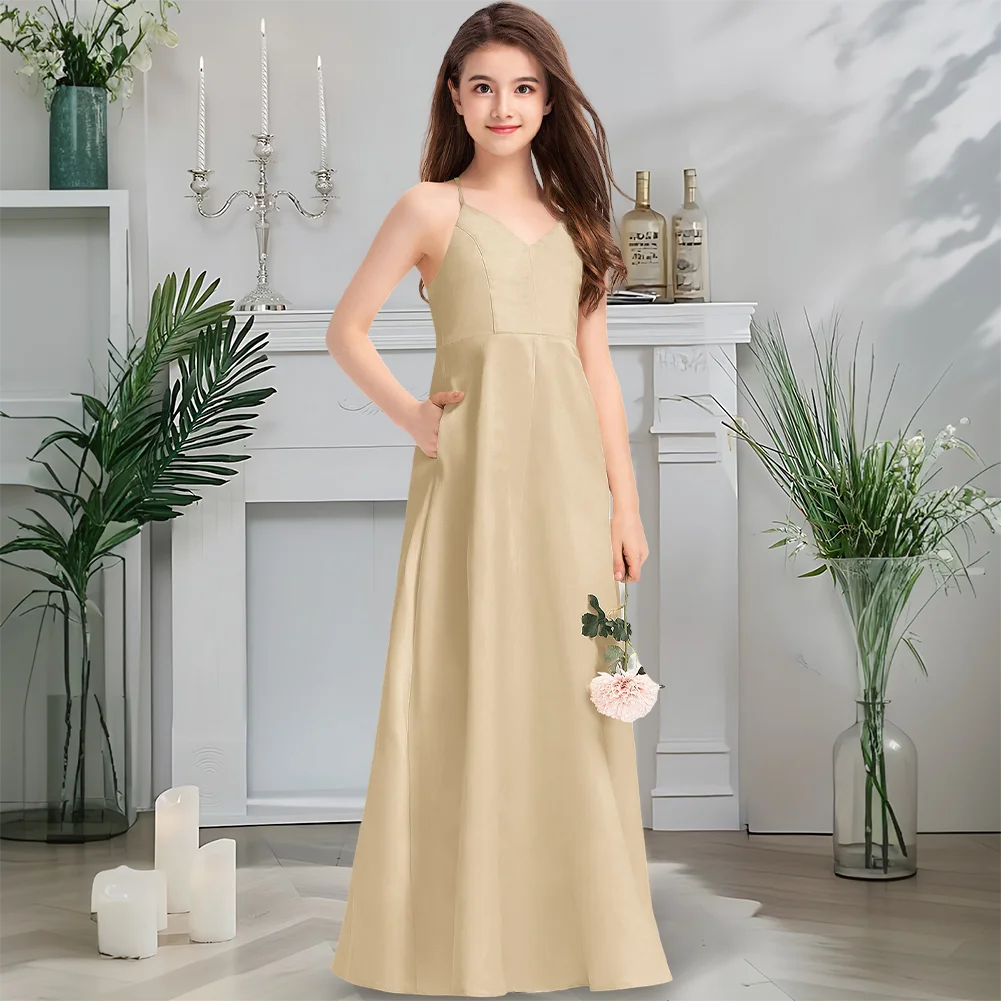 

Chic A-Line V-Neck Satin Junior Bridesmaid Dress Pearl Flower Girl Dress Floor-Length Graduation Gown For Summer Guest