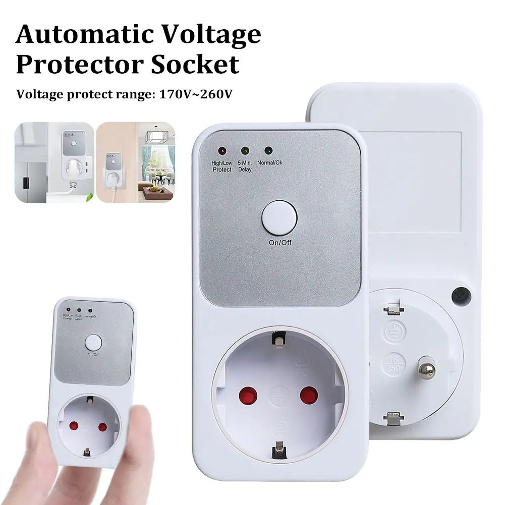 Automatic Voltage Protector Socket 170-260V Voltage Protector 5-6 Mins Delay Socket EU Plug Refrigerator Protect Switcher