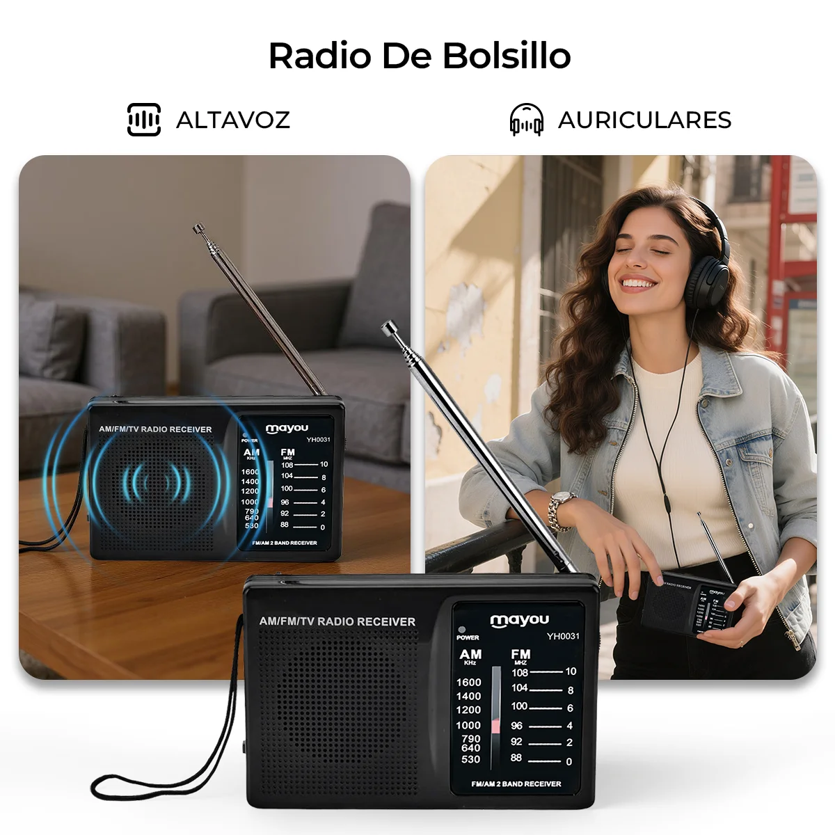 راديو ستيريو محمول صغير Am Fm على الموجات القصيرة مع مقبس سماعة الرأس ومكبر صوت محمول للوسائط المتعددة مع بطارية Aa (أسود)