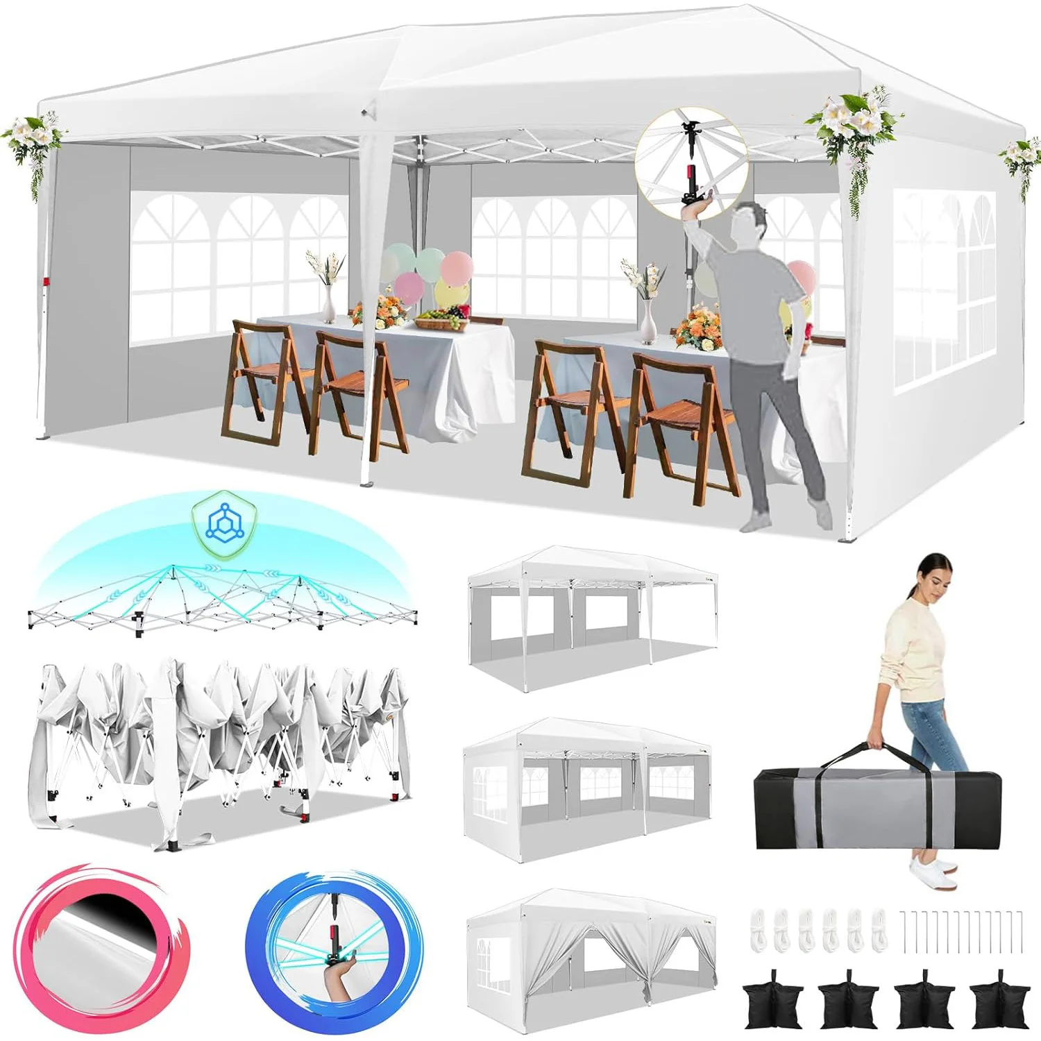 Gazebo Pieghevole 3x6m Impermeabile, Tenda per Feste Stabile, Gazebo Pop-Up, Padiglione, Tonnellone, Carpas, Cenador con 6 Pareti Laterali, 4 Sacchi d