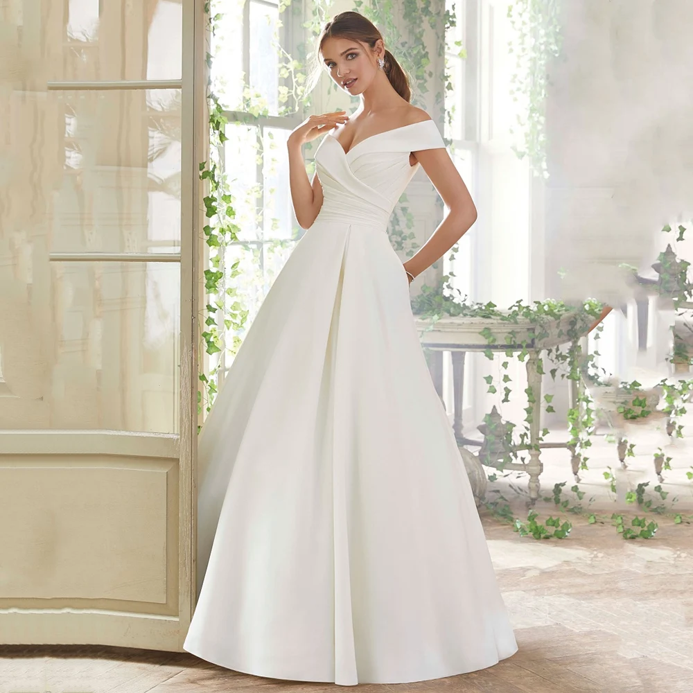 Elegantes vestidos de casamento cetim para mulheres, fora do ombro, vestes de noiva, decote em v, branco, vestidos nupciais sem encosto