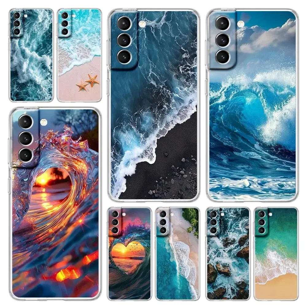 Coque de téléphone à vagues bleues et océan, étui souple et transparent pour Samsung Galaxy S25 S24 Plus S23 FE S22 S21 S20 Ultra 5G S10 S10E