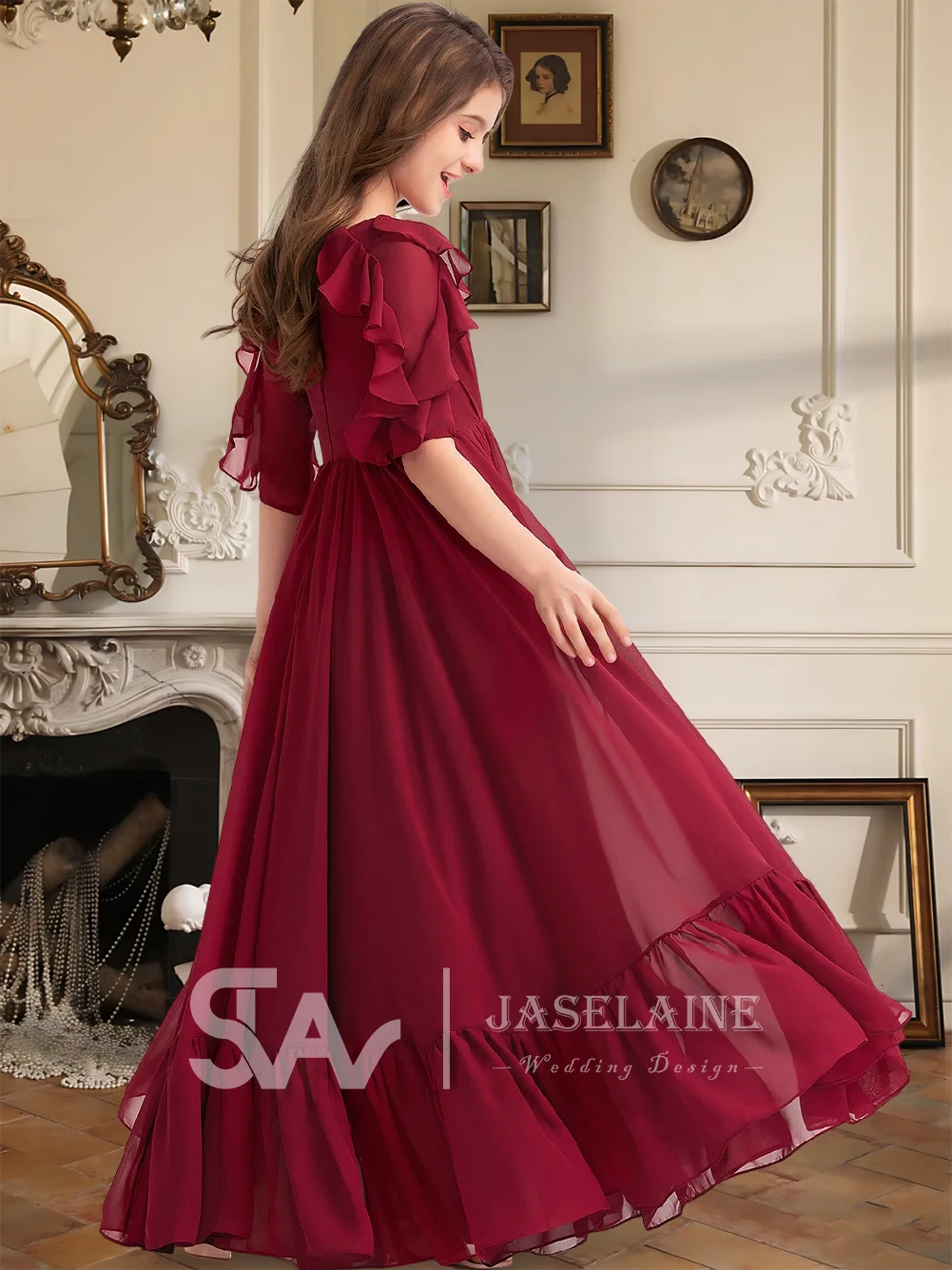 B キッズ ジュニア ブライズメイド ドレス マキシレングス シフォン Aライン スクープ 1/2 スリーブ フラワーガールドレス ガールズ パーティードレス 結婚式 フォーマル