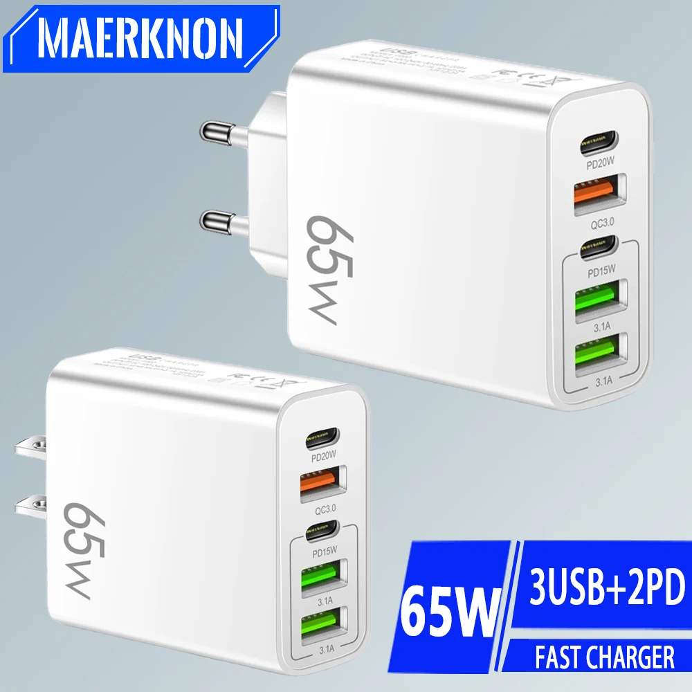 USB Type C Charger Total 65W PD Fast Charging Phone Charger Wall Adapter For iPhone 15 Samsung Xiaomi 5 Ports USB Quick Charger