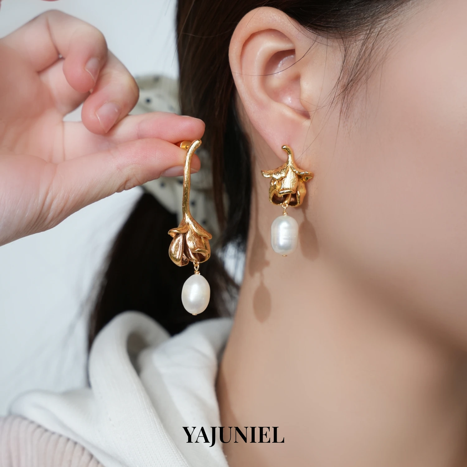 

YAJUNIEL 24K Real Gold Plated Rosebud Pearl Drop Earrings Asymmetrical Flower Dangle Earrings with Natural Pearls for Women