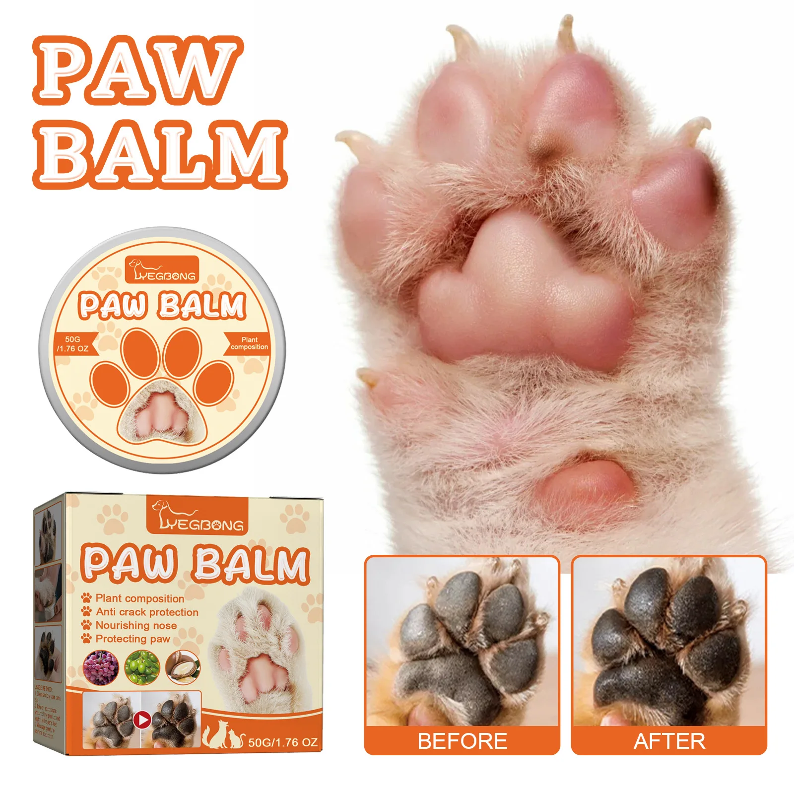 Yegbong 50g Pet Paw Moisturizing Care Balm Dog Cat Soothing Dry Cracked Protect Nourishing Paw Protection Relief Pet Paw Balm