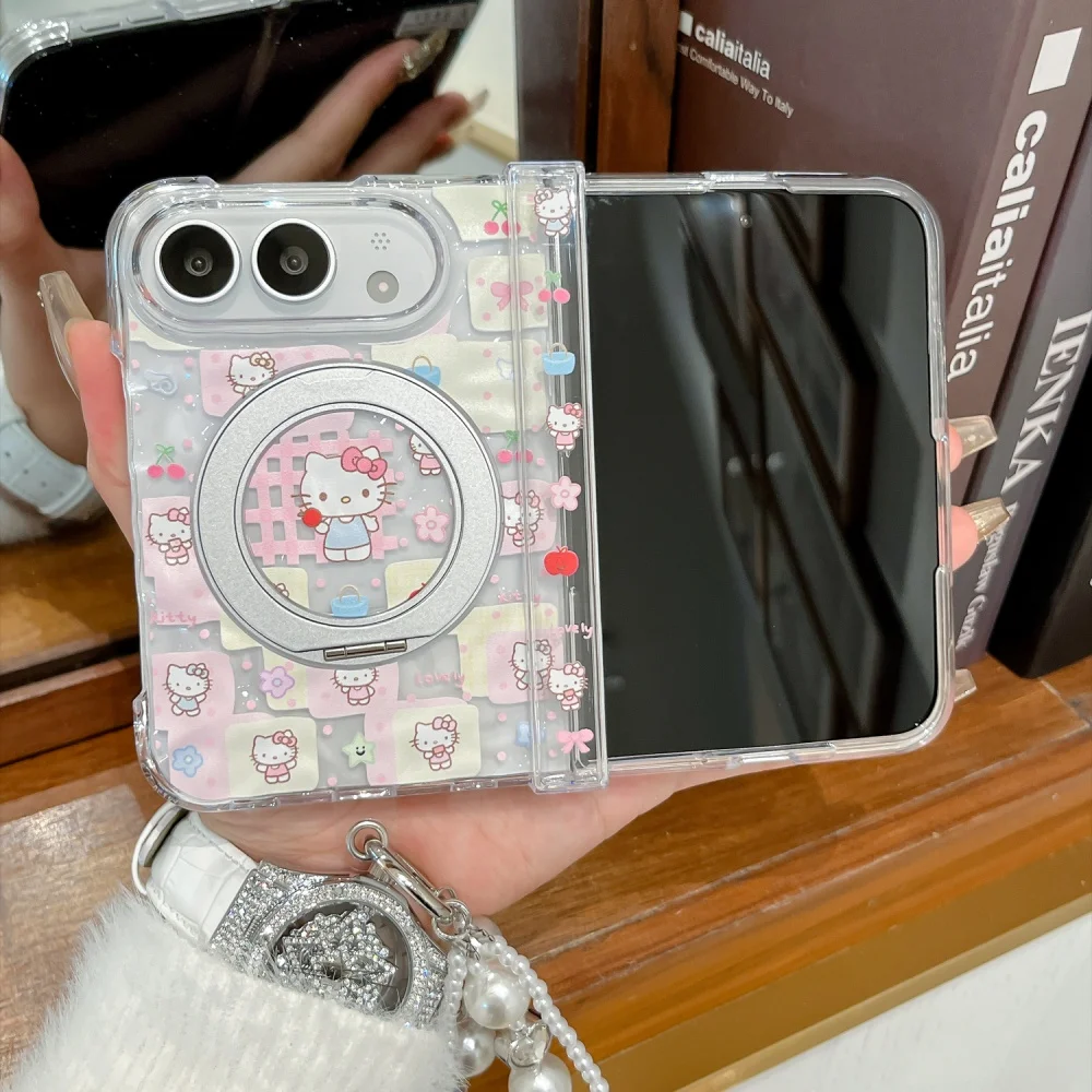 Kawaii Cartoon Kitten New Magnetic Phone Case for iPhone Duo Fashion Folding Anti-fall Protective Cover with MagSafe Holder Cute